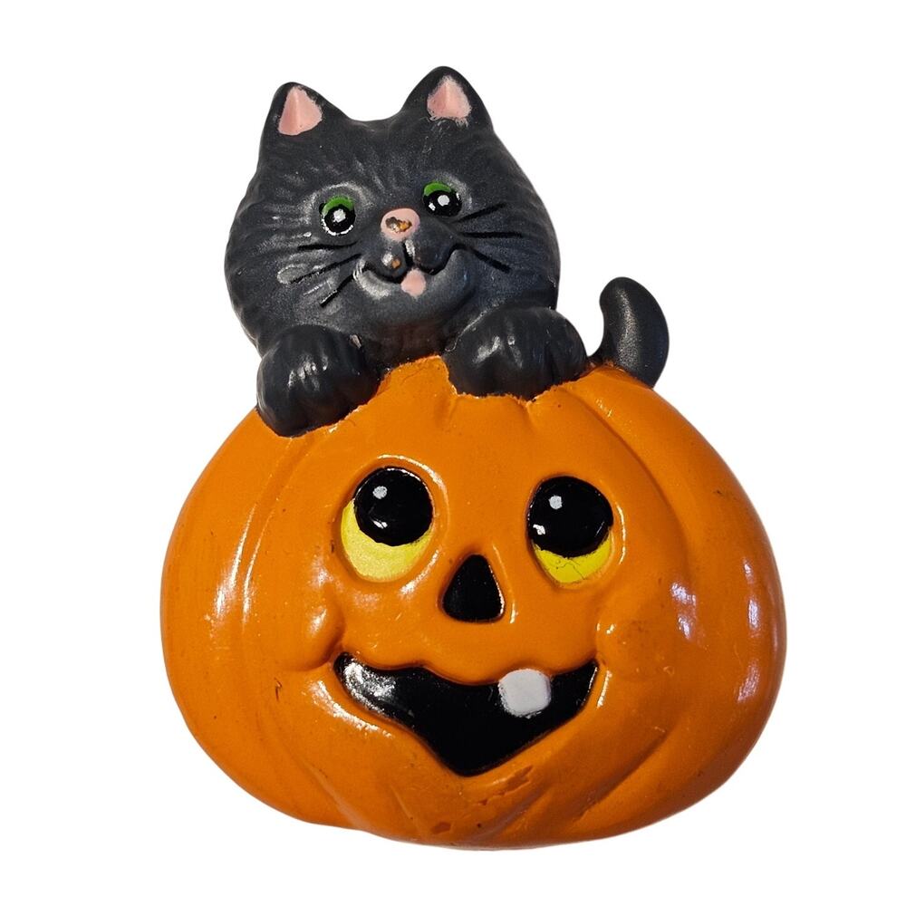 Vintage Russ Halloween Brooch Black Cat on Pumpkin Pin 1.61" Made Hong Kong
